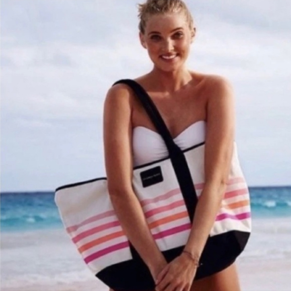 Victoria's Secret Large Sun Kissed Tote Cotton Canvas Open Top Neon Stripes NWT